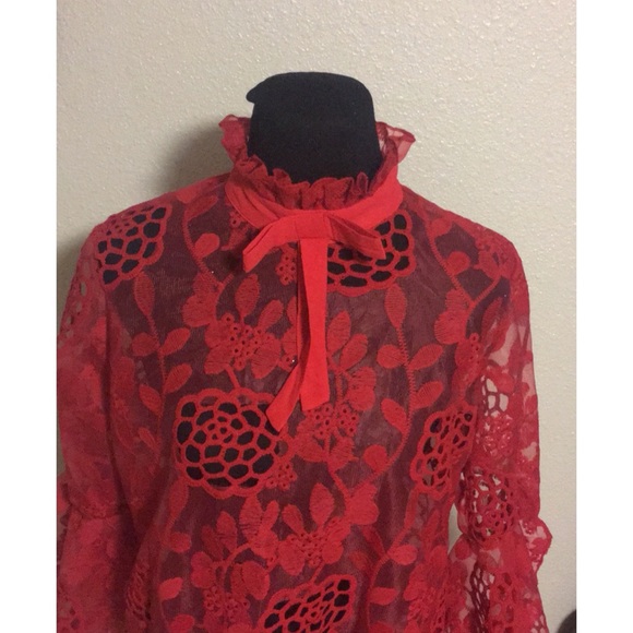 Elegant Red Lace Women’s Blouse with Neck Bow - Picture 2 of 4
